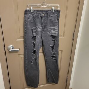 SHEIN Men's Black Ripped Frayed Bleach Washed Denim Jeans